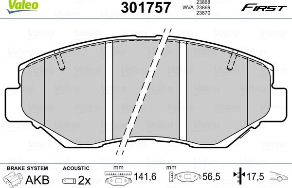 Valeo 301757 - Тормозные колодки, дисковые, комплект autosila-amz.com