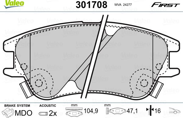 Valeo 301708 - Тормозные колодки, дисковые, комплект autosila-amz.com