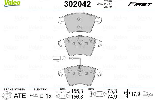 Valeo 302042 - Тормозные колодки, дисковые, комплект autosila-amz.com