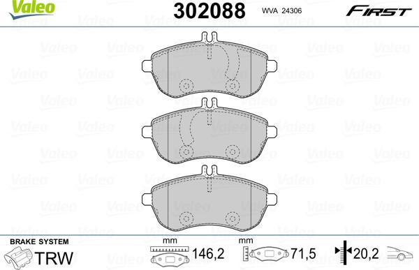 Valeo 302088 - Тормозные колодки, дисковые, комплект autosila-amz.com