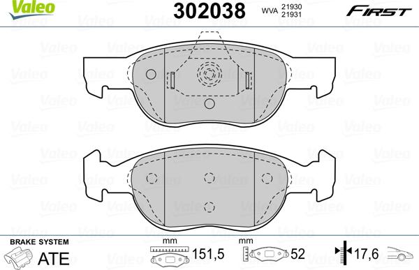 Valeo 302038 - Тормозные колодки, дисковые, комплект autosila-amz.com