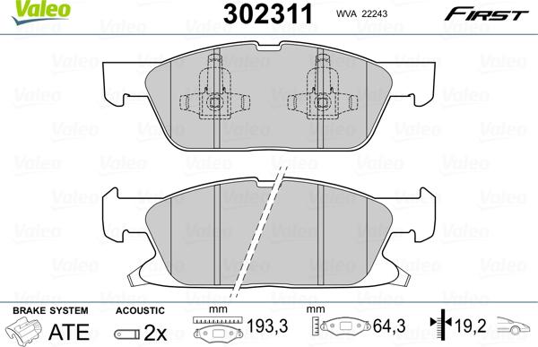 Valeo 302311 - Тормозные колодки, дисковые, комплект autosila-amz.com