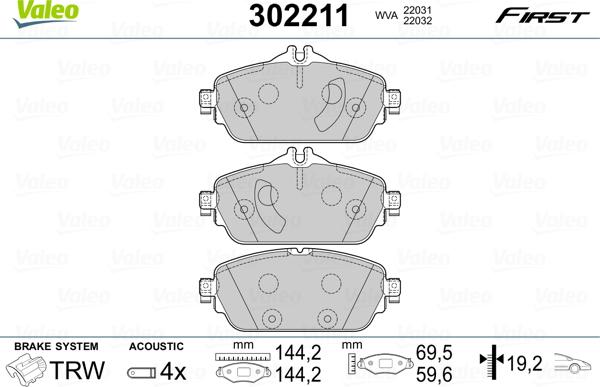 Valeo 302211 - Тормозные колодки, дисковые, комплект autosila-amz.com