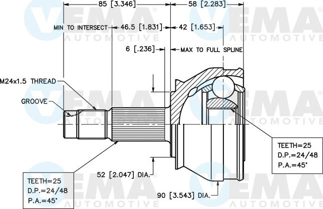 VEMA 18255 - Шарнирный комплект, ШРУС, приводной вал autosila-amz.com