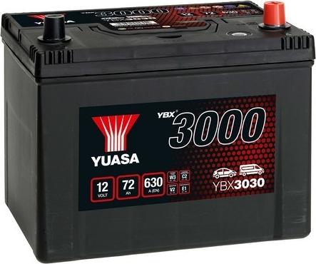 Yuasa YBX3030 - Battery YUASA 12V 72Ah/630A YBX3000 SMF (R+ standard) 260x174x225 B00 (starting) autosila-amz.com