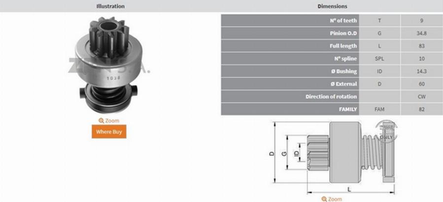 ZEN 1038 - Ведущая шестерня, бендикс, стартер autosila-amz.com