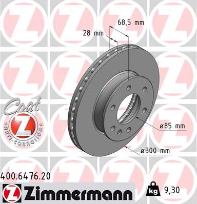 Zimmermann 400.6476.20 - Диск тормозной (заказывать 2шт./цена за1шт.) MERCEDES/VAG с антикоррозионным покрытием Coat Z autosila-amz.com