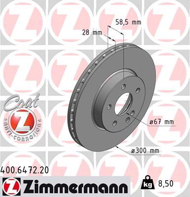 Zimmermann 400.6472.20 - Диск тормозной (заказывать 2шт./цена за1шт.) MERCEDES Vito (W639W447) 03->; Viano w639 03-> autosila-amz.com