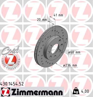 Zimmermann 430.1454.52 - Диск тормозной (заказывать 2шт./цена за1шт.) OPEL SPORT с антикоррозионным покрытием Coat Z autosila-amz.com