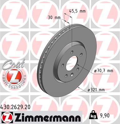 Zimmermann 430.2629.20 - Диск тормозной (заказывать 2шт./цена за1шт.) OPEL Astra J 09->с антикоррозионным покрытием Coat Z autosila-amz.com