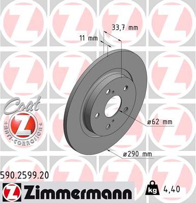 Zimmermann 590.2599.20 - диск тормозной задний! с покрытием\ Toyota Avensis 1.6-2.0 09> autosila-amz.com