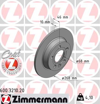 Zimmermann 600.3210.20 - Диск тормозной (заказывать 2шт./цена за1шт.) VAG/FORD с антикоррозионным покрытием Coat Z autosila-amz.com