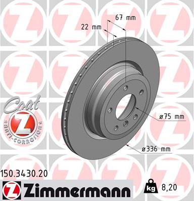 Zimmermann 150.3430.20 - диск тормозной задн.! 336x22\ BMW E84 3.0 09-15/E90/E91/E92/E93 2.0/2.5/3.0 05-12 autosila-amz.com