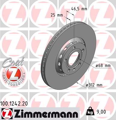Zimmermann 100.1242.20 - диск тормозной !перед. 312x25/47-5x112 \ Audi A4, VW Passat 1.6-2.5TDi 00> autosila-amz.com