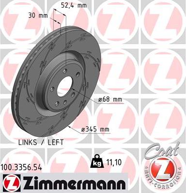 Zimmermann 100.3356.54 - диск тормозной !BZ перед.лев. 345x30/52-5x112 \ Audi A4/A5 1.8-3.2/2.0D-3.0D 07>, A6/A7 autosila-amz.com