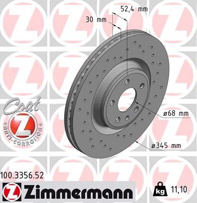 Zimmermann 100.3356.52 - Диск тормозной передний перфорированный с покрытием SPORT COAT Z VAG AUDI A4/A5/A6/Q5 07-> / PORSCHE autosila-amz.com