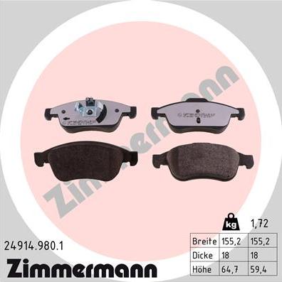 Zimmermann 24914.980.1 - Тормозные колодки, дисковые, комплект autosila-amz.com