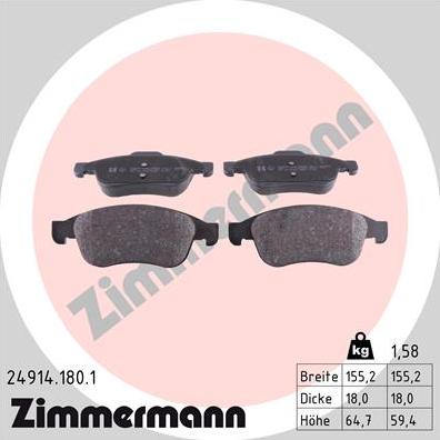 Zimmermann 24914.180.1 - Тормозные колодки, дисковые, комплект autosila-amz.com