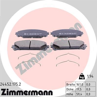 Zimmermann 24452.175.2 - колодки дисковые !перед. 167x59x18 \ Lexus RX/Highlander 3.5/4.5h 09> autosila-amz.com