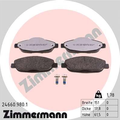 Zimmermann 24660.980.1 - Тормозные колодки, дисковые, комплект autosila-amz.com