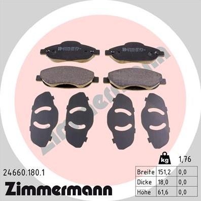Zimmermann 24660.180.1 - Тормозные колодки, дисковые, комплект autosila-amz.com