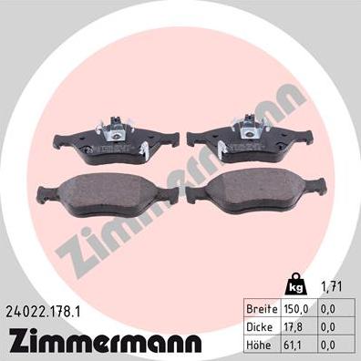 Zimmermann 24022.178.1 - Тормозные колодки, дисковые, комплект autosila-amz.com