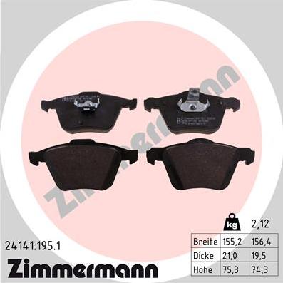 Zimmermann 24141.195.1 - Тормозные колодки, дисковые, комплект autosila-amz.com