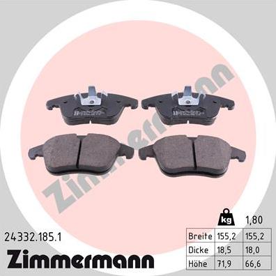 Zimmermann 24332.185.1 - Тормозные колодки, дисковые, комплект autosila-amz.com