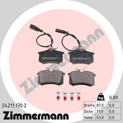 Zimmermann 24211.170.2 - колодки дисковые !задн. 87x53x17 \AUDI A4 B5 RS4 quattro 00>01 autosila-amz.com