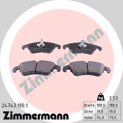 Zimmermann 24743.190.1 - Тормозные колодки, дисковые, комплект autosila-amz.com