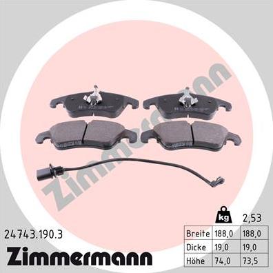 Zimmermann 24743.190.3 - Тормозные колодки, дисковые, комплект autosila-amz.com