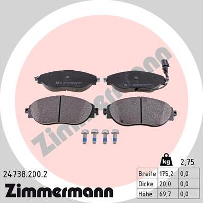 Zimmermann 24738.200.2 - Тормозные колодки, дисковые, комплект autosila-amz.com