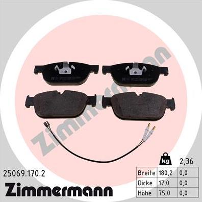 Zimmermann 25069.170.2 - Тормозные колодки, дисковые, комплект autosila-amz.com