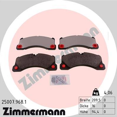 Zimmermann 25007.968.1 - колодки дисковые !перед. 210x94x16 \VW Touareg 3.2-3.6i/3.0-5.0TDi 05>, Porsche Cayenne autosila-amz.com
