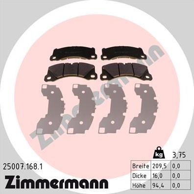 Zimmermann 25007.168.1 - Тормозные колодки, дисковые, комплект autosila-amz.com