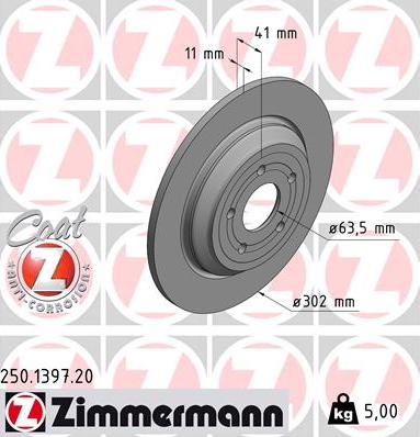 Zimmermann 250.1397.20 - диск тормозной !задн. 302x11/41-5x108 \FORD FOCUS IV 1.5 EcoBoost 18>, III 2.3 RS AWD 15>, 1.0, autosila-amz.com