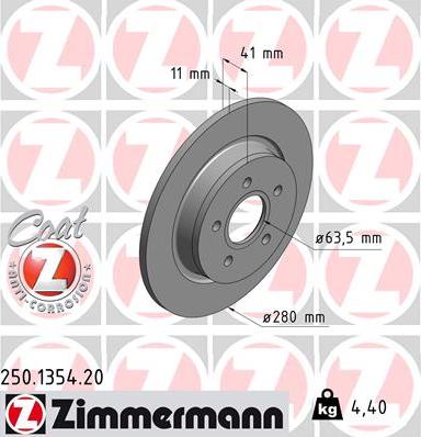 Zimmermann 250.1354.20 - диск тормозной !задн. 280x11/41-5x108 \ Volvo S40/V50/C30, Ford Focus 1.8-2.4/1.6TDCi 03 autosila-amz.com