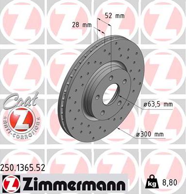 Zimmermann 250.1365.52 - Тормозной диск autosila-amz.com