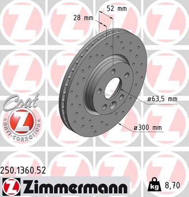 Zimmermann 250.1360.52 - Тормозной диск autosila-amz.com