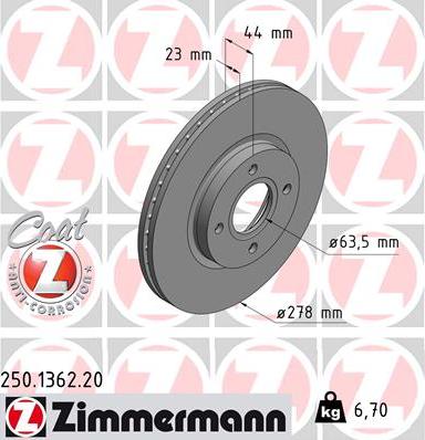 Zimmermann 250.1362.20 - Диск тормозной (заказывать 2шт./цена за1шт.) FORD с антикоррозионным покрытием Coat Z autosila-amz.com