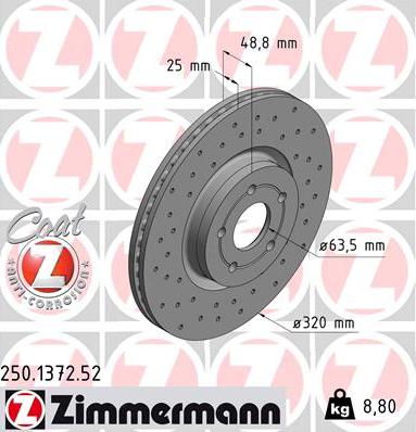 Zimmermann 250.1372.52 - Диск тормозной FORD/VOLVO FOCUS 2/V40 05- передн.вент.SPORT Coat Z autosila-amz.com