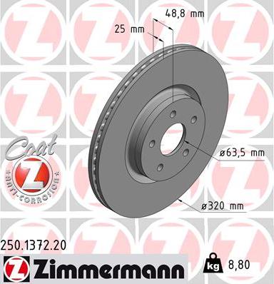Zimmermann 250.1372.20 - Диск тормозной FORD FOCUS 3/KUGA 11- перед.вент.Coat Z autosila-amz.com