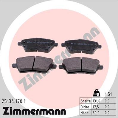 Zimmermann 25134.170.1 - Тормозные колодки, дисковые, комплект autosila-amz.com