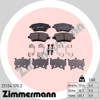 Zimmermann 25134.170.2 - Тормозные колодки, дисковые, комплект autosila-amz.com