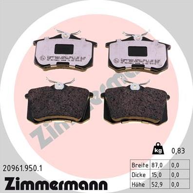 Zimmermann 20961.950.1 - Тормозные колодки, дисковые, комплект autosila-amz.com