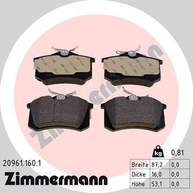 Zimmermann 20961.160.1 - Тормозные колодки, дисковые, комплект autosila-amz.com