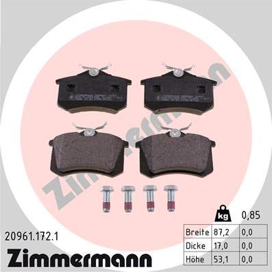 Zimmermann 20961.172.1 - колодки дисковые !задн. 87x53x17 \ Audi A3-A8 94>, VW Golf III-IV/Passat 88>, Skoda 96> autosila-amz.com