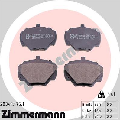 Zimmermann 20341.175.1 - Тормозные колодки, дисковые, комплект autosila-amz.com