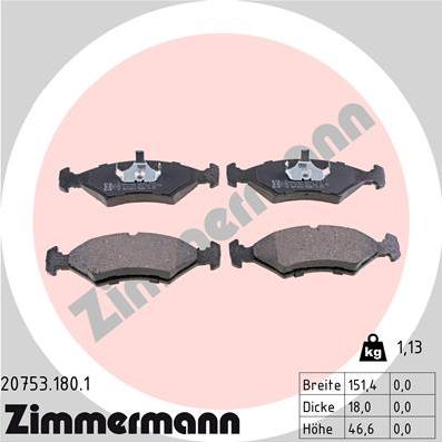 Zimmermann 20753.180.1 - Тормозные колодки, дисковые, комплект autosila-amz.com