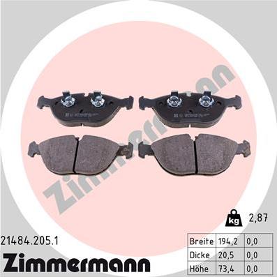 Zimmermann 21484.205.1 - Тормозные колодки, дисковые, комплект autosila-amz.com